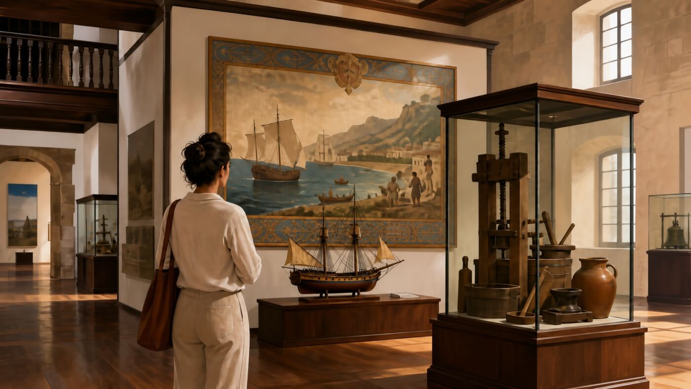 Une visiteuse découvre l’histoire maritime et sucrière de Madère dans un musée.