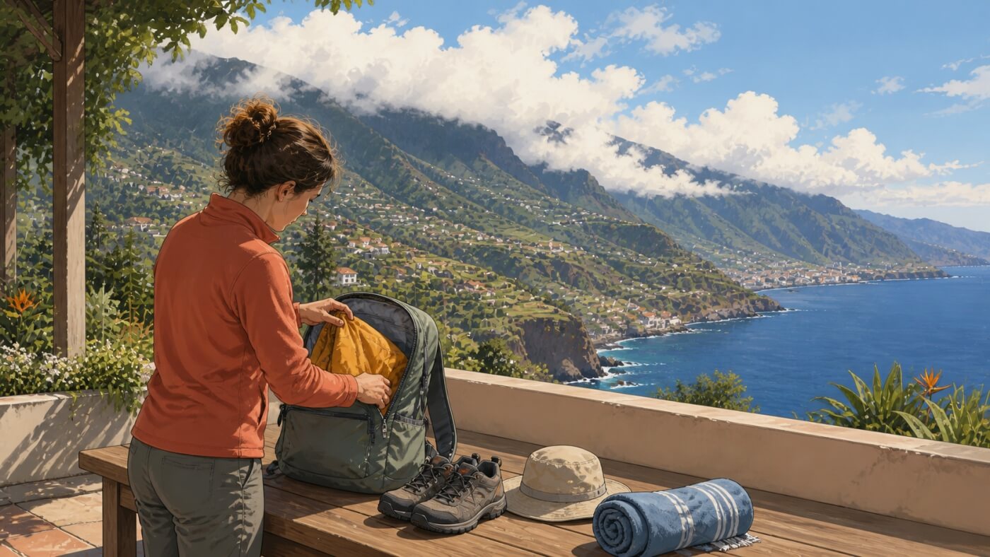 Voyageuse préparant randonnée et baignade face à la côte et aux montagnes de Madère.
