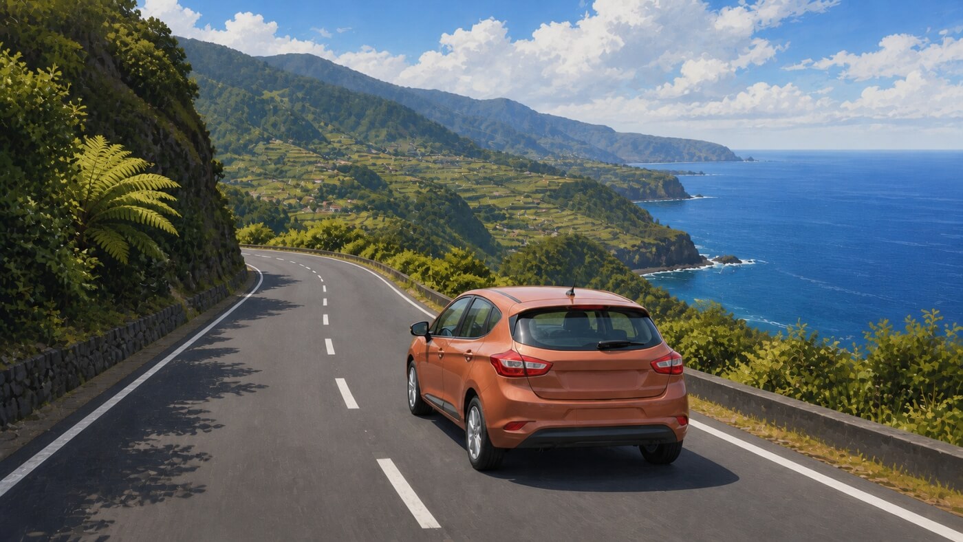 Voiture compacte sur une route entre forêt, terrasses et côte à Madère.