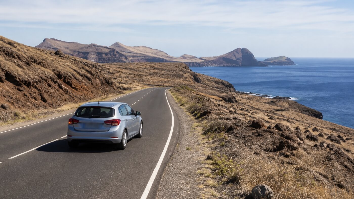 Voiture compacte parcourant la côte volcanique de l’est de Madère.