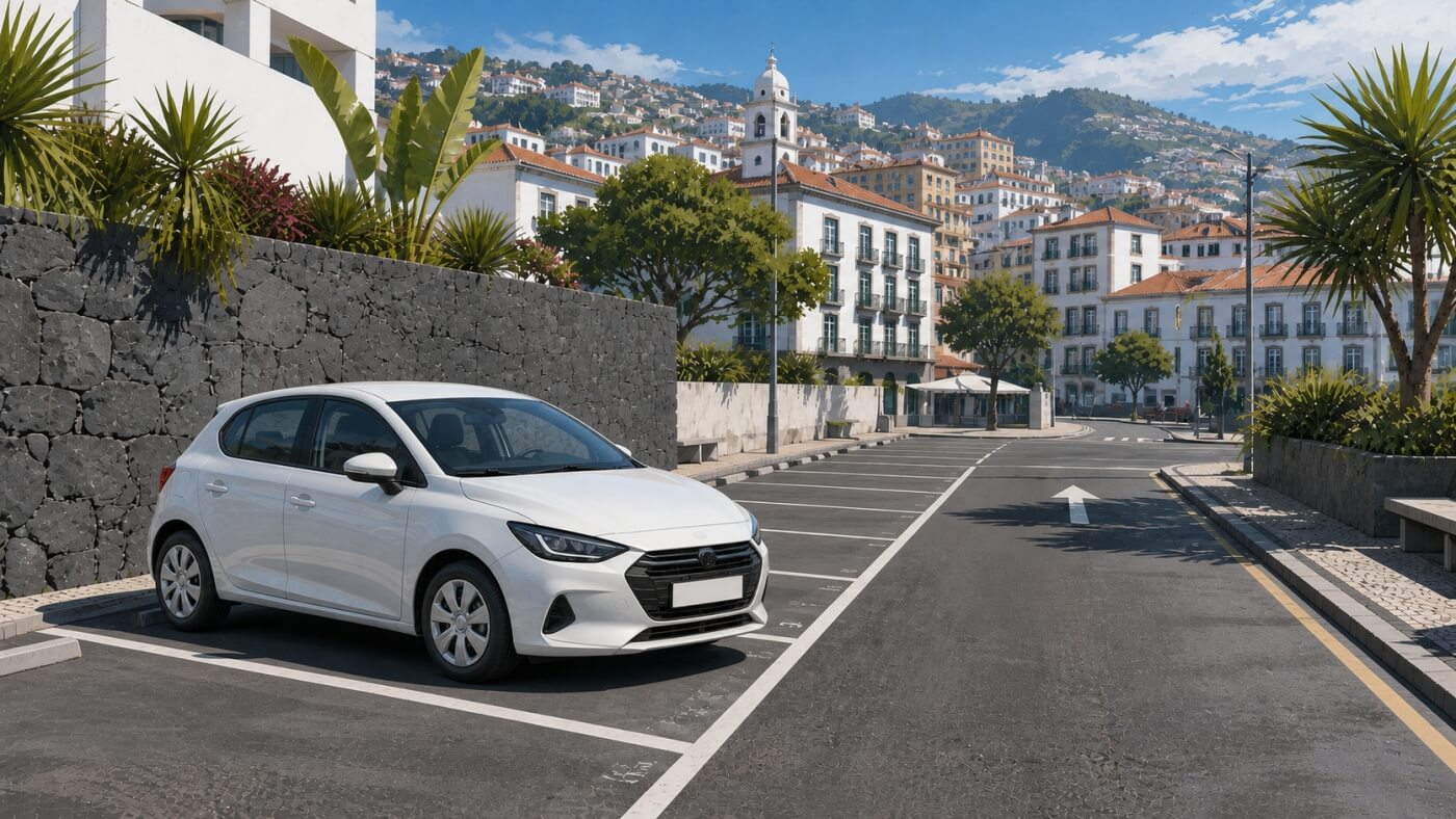 Voiture compacte garée dans un parking urbain à Funchal.