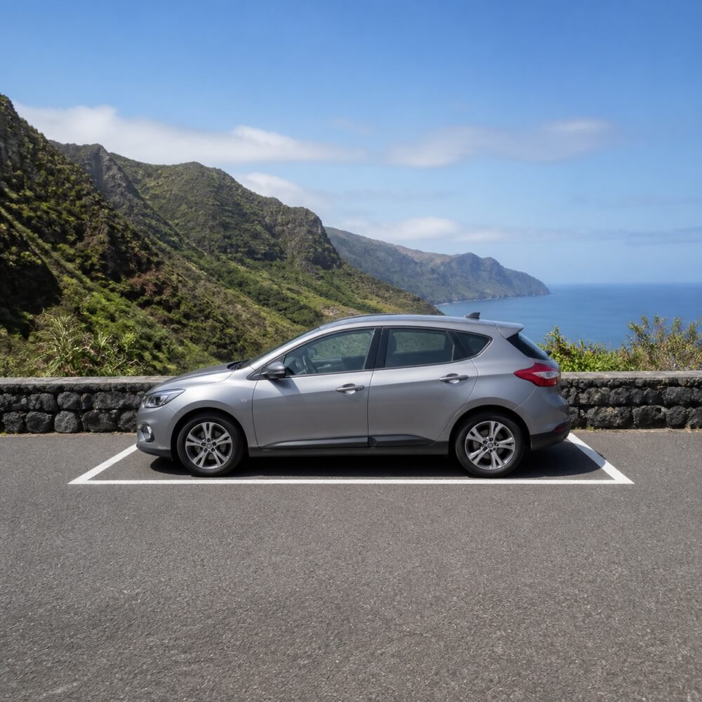 Voiture familiale compacte garée dans une aire panoramique à Madère